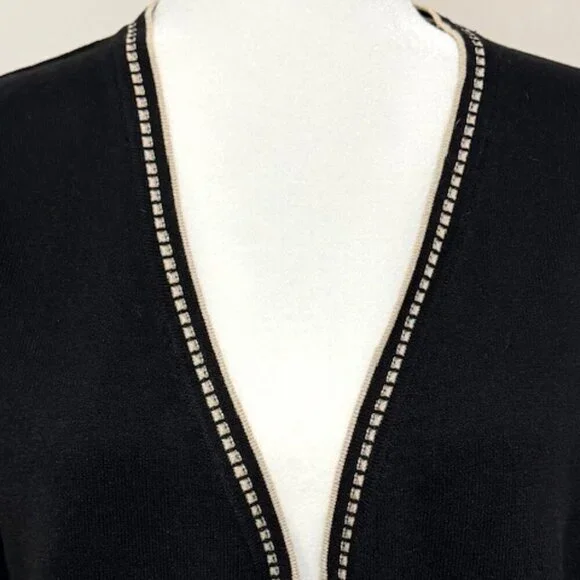 Ann Taylor Loft Black Cardigan Sweater Tan Trim 3/4 Sleeves - Picture 2 of 5
